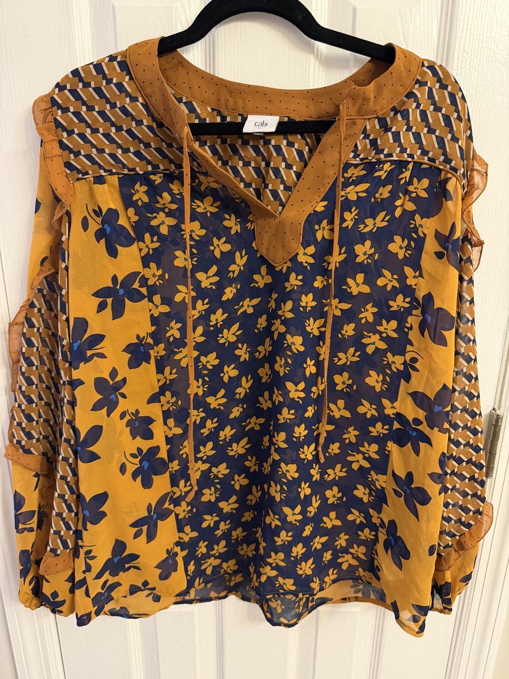 Cabi Mustard Navy Mixed Print Boho Blouse Size M